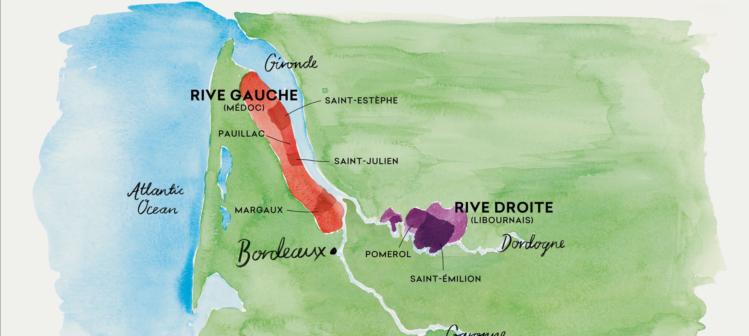 Watercolor map of Bordeaux's Rive Gauche and Rive Droite wine regions