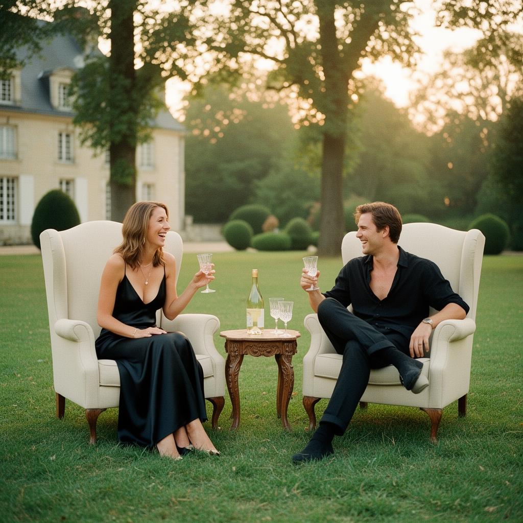 Elegant guests gathered in a manicured English garden with the La Maison emblem above