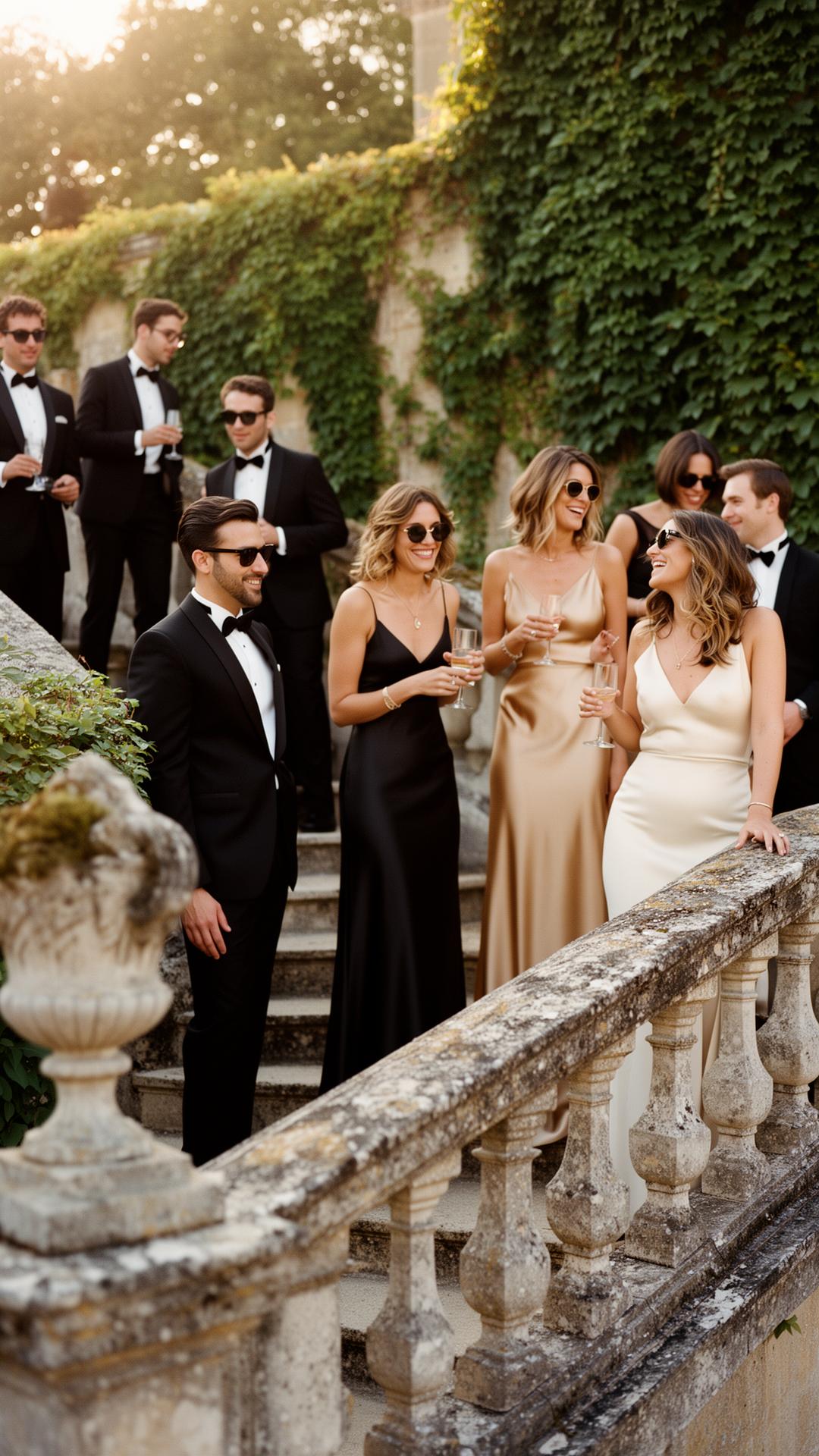 Guests in formal attire descending a stone staircase outside Maison Sainte-Florence