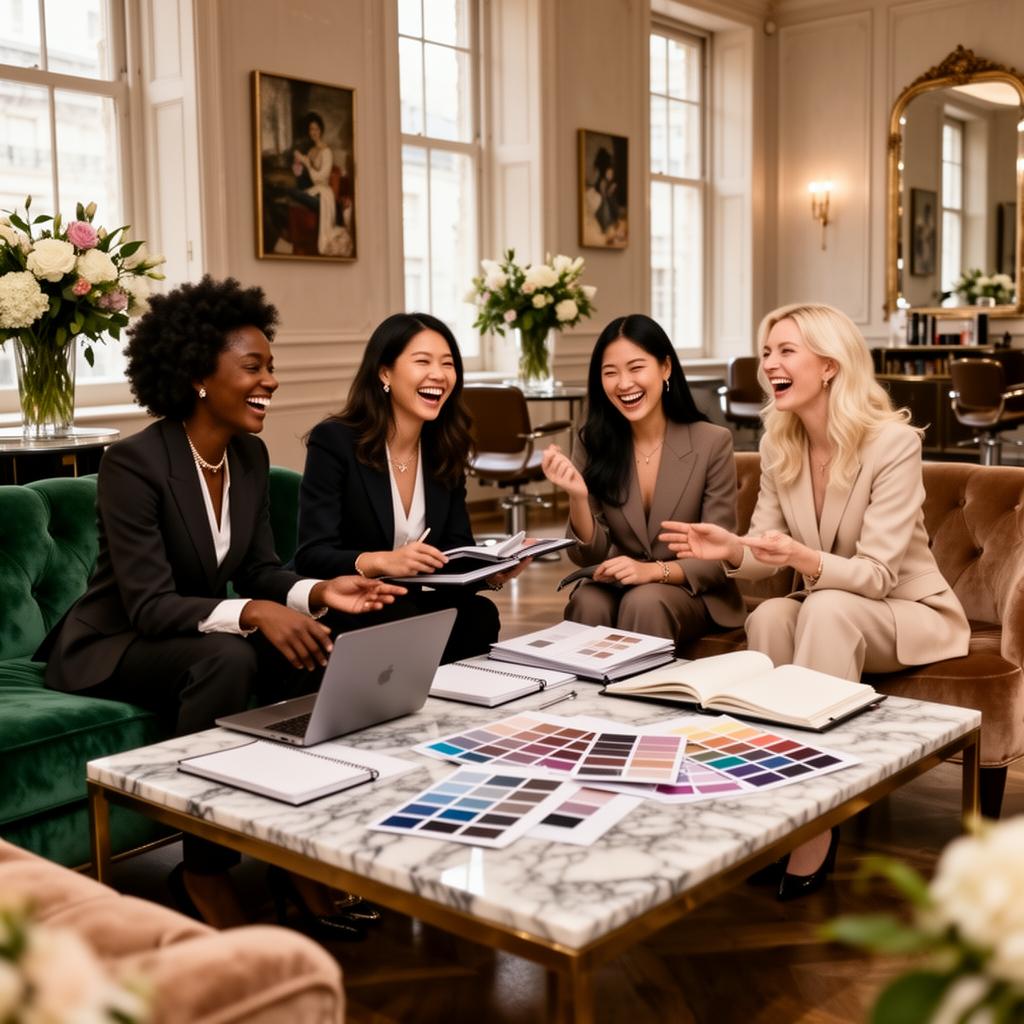 Sophisticated women blending business and leisure in a modern-classic luxury salon